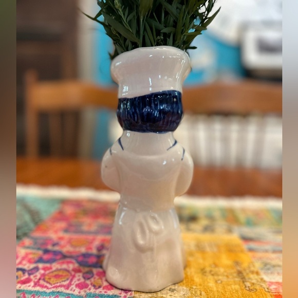 Vintage German Ceramic Vase Blue White Hand painted Mamsell With Rolling Pin - Picture 3 of 8